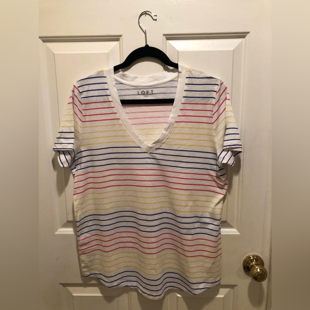 LOFT size L 100% cotton striped v-neck t-shirt